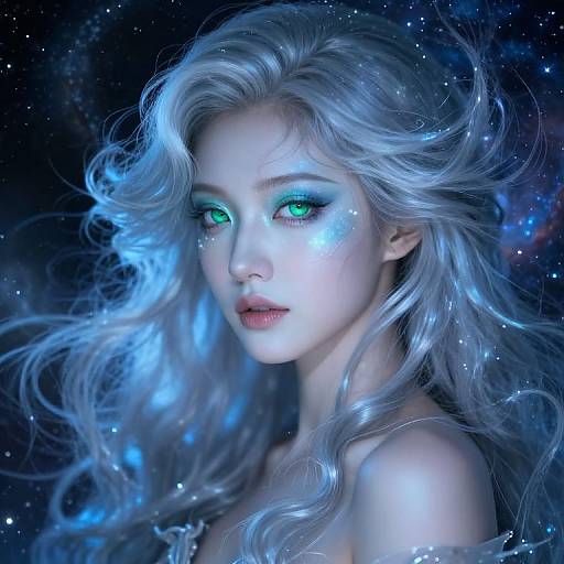 Digital art of a ethereal, pale-skinned woman with glowing green eyes and flowing silver hair, set against a starry, cosmic background.