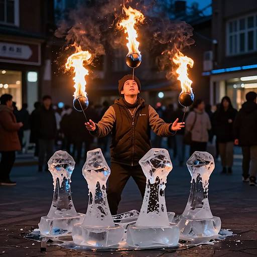 Photograph of a man in a brown jacket holding three flaming torches above three large, glowing ice sculptures on a night street.