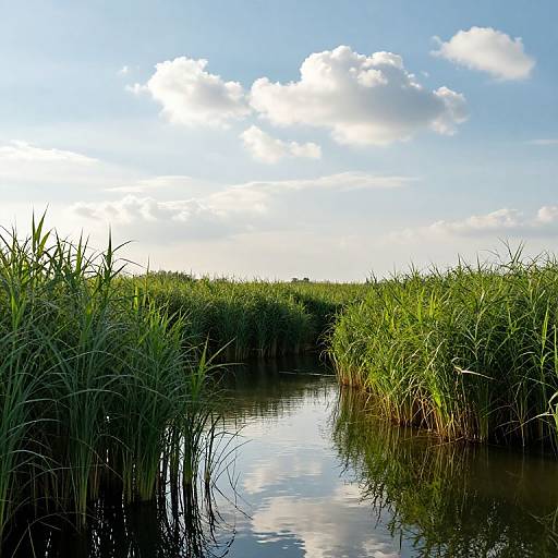 Photograph of a serene marshland with tall green reeds flanking a reflective narrow waterway under a bright blue sky with scattered white clouds.