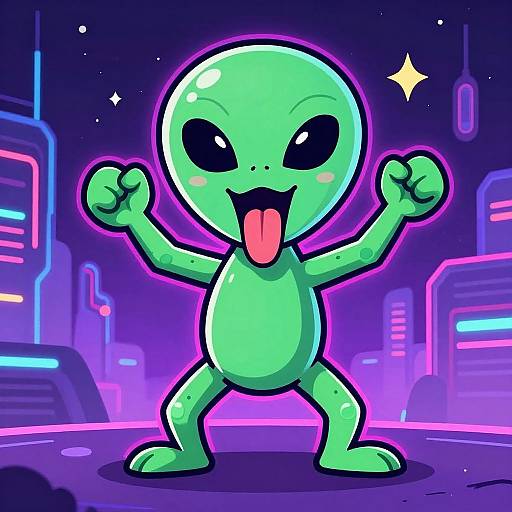 Cartoon alien with green skin, large black eyes, and pink tongue, stands on a neon-lit city street, arms raised, glowing purple outline