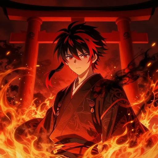 Anime-style digital illustration of a serious, black-haired young man in a black kimono, standing amid intense red and orange flames, with a torii