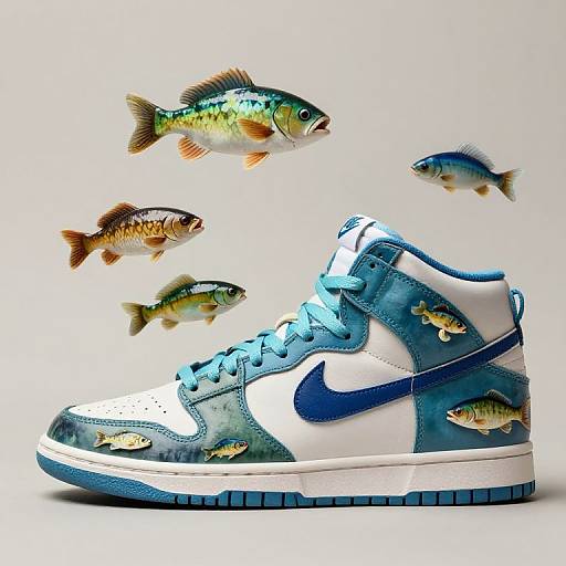 Photograph of a white and blue Nike sneaker adorned with colorful fish prints, featuring four realistic fish floating above it against a white background.