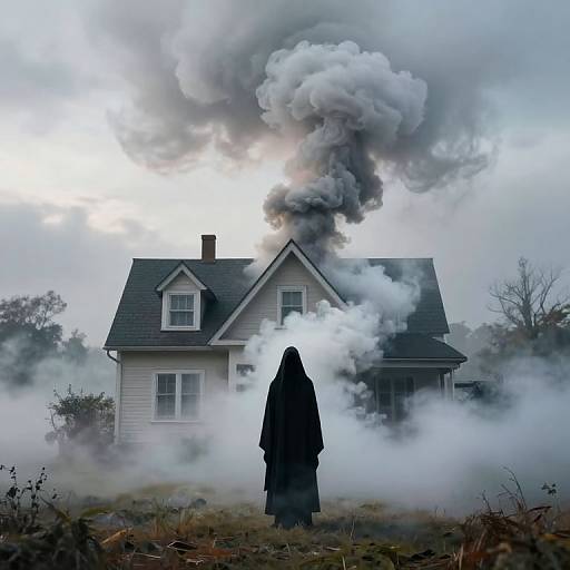 Photograph of a hooded figure in black standing in front of a smoke-filled, burning white house with a dark roof. Thick, gray smoke rises