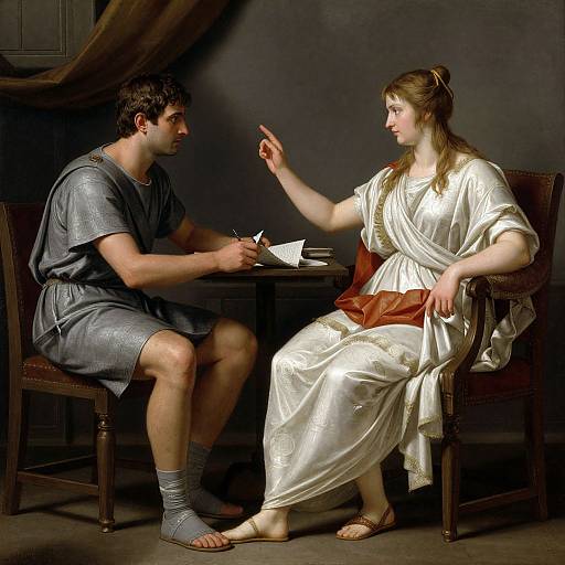 Photograph-like painting of ancient Roman scene: muscular man in grey tunic, sandals, seated, writing; elegant woman in white toga, brown