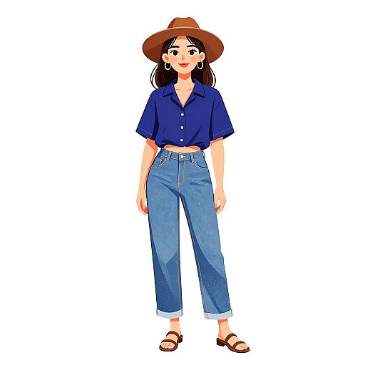 Digital illustration of a smiling woman with medium skin tone, wearing a brown hat, blue shirt, high-waisted jeans, and sandals. White background
