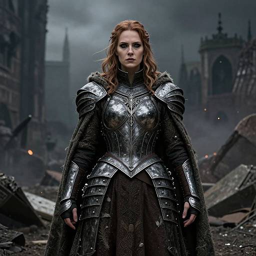 Photograph-style digital art of a fierce, red-haired woman in shiny, silver medieval armor standing amidst a dark, ruined cityscape.