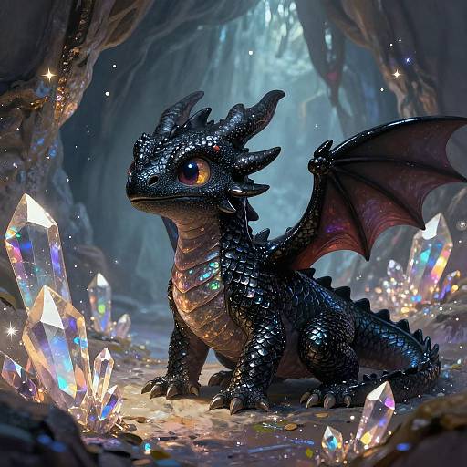 Digital artwork of a small, shiny black dragon with orange eyes, sitting in a mystical cave surrounded by glowing, multi-colored crystals.