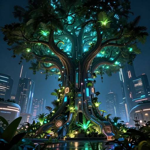 Digital artwork of a futuristic, bioluminescent tree with glowing neon lights, intricate branches, and lush foliage in a neon-lit cityscape at