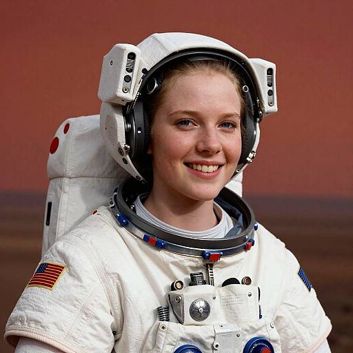 Photograph of a smiling young girl in a white NASA astronaut suit with an American flag patch, wearing a bulky helmet, against a red-orange background.