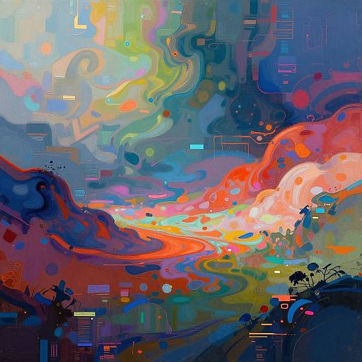 Abstract digital painting featuring vibrant swirls of blue, orange, and red, with geometric shapes and silhouetted landscape elements. Bright, chaotic colors