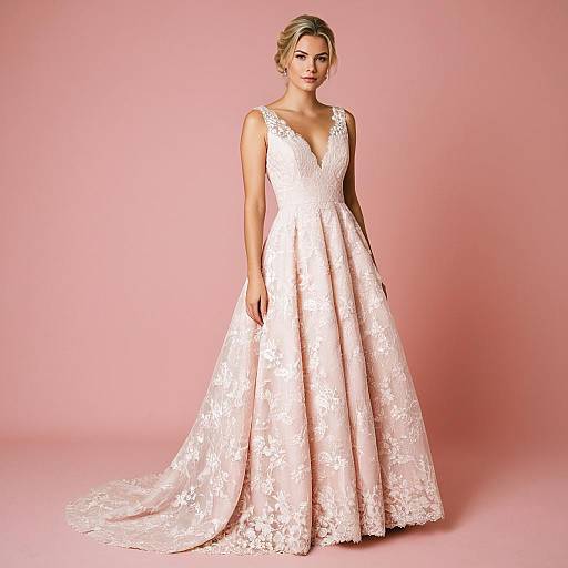 Blonde Woman in Pink Lace Wedding Dress