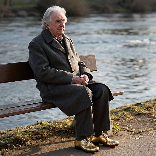 Elderly man with white hair, gray coat, and yellow shoes sits on a wooden bench by a river in sunlight. Photographic image.