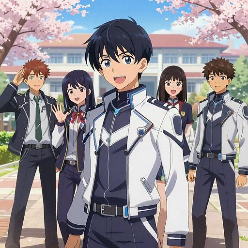 Anime-style digital artwork of five high school students in white and black uniforms, standing under cherry blossoms, with a school building in the background. Central