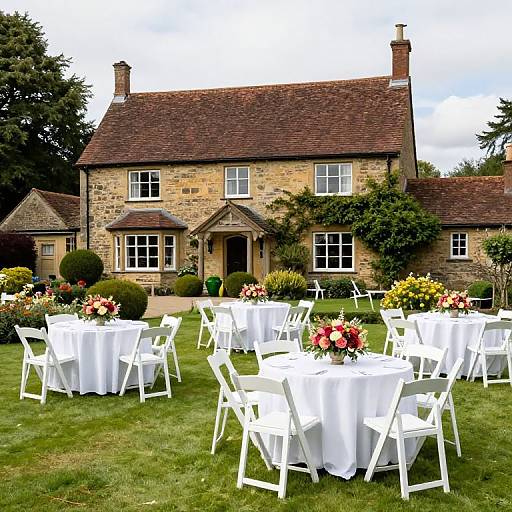 Photograph of a charming stone cottage with a red-tiled roof, surrounded by manicured lawn, white round tables, and chairs, adorned with colorful