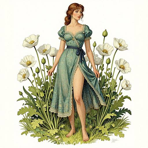 Illustration of a fair-skinned woman with brown hair in a green, lace-trimmed, short-sleeve dress with a high slit,