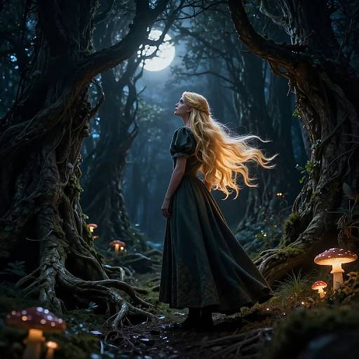 Digital fantasy artwork: A blonde woman with flowing hair in a dark dress stands in a moonlit, enchanted forest, surrounded by glowing mushrooms and twisted trees