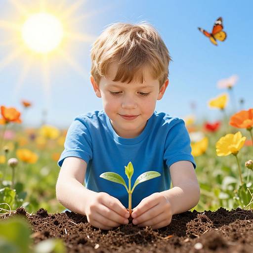 Photograph of a smiling young boy with brown hair, wearing a blue shirt, planting a green seedling in a sunny flower field, with a butterfly