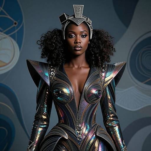 Photograph of a dark-skinned woman with curly hair, wearing a shimmering, metallic, deep V-neck bodysuit and a small top hat