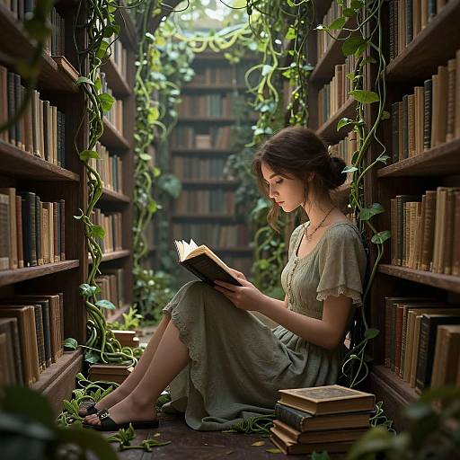 Young woman with brown hair in a green dress, reading a book in a lush, vine-covered library aisle between tall shelves.