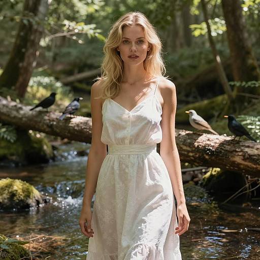 Sunlit Blonde Woman in Forest