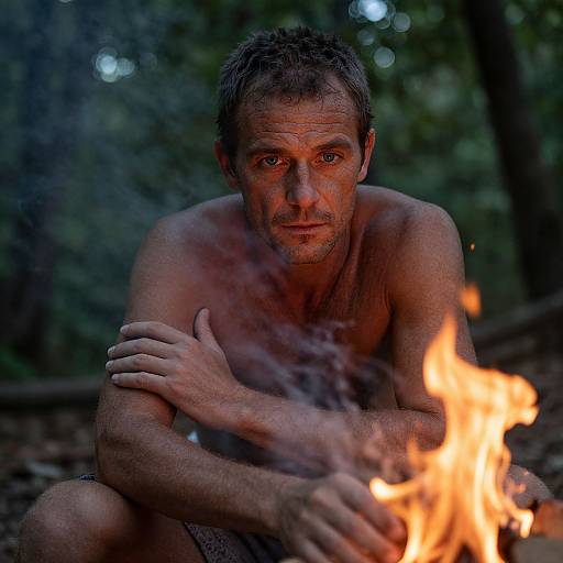 Photograph of a shirtless, middle-aged man with short, messy brown hair, sitting by a campfire in a dark forest, arms crossed,