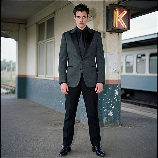 Photograph of a handsome young man in a black suit, black shirt, and black tie, standing on a train platform with a lit 