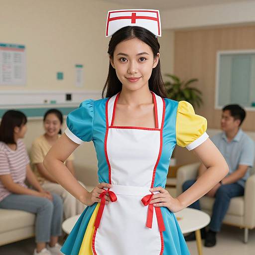 Photograph of an Asian woman in a blue and yellow nurse costume with white apron, red ribbons, and nurse hat, standing confidently in a