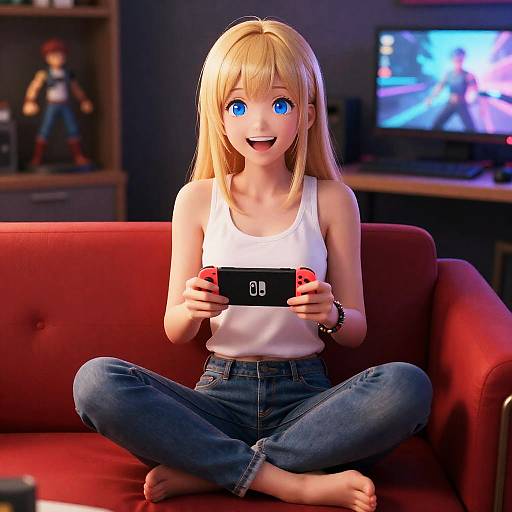 CGI anime-style girl with blonde hair, blue eyes, white tank top, and blue jeans, sitting cross-legged on a red couch, playing a