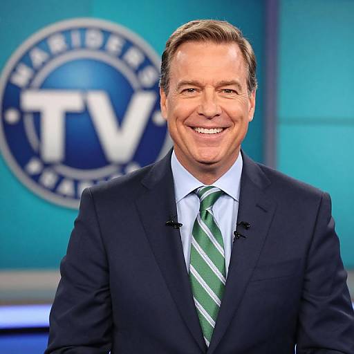 Photograph of smiling middle-aged man in black suit, green-striped tie, standing in front of TV station logo background.