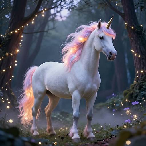 Magical white unicorn with glowing pink mane and tail, standing in enchanted forest, surrounded by twinkling fairy lights and purple flowers.