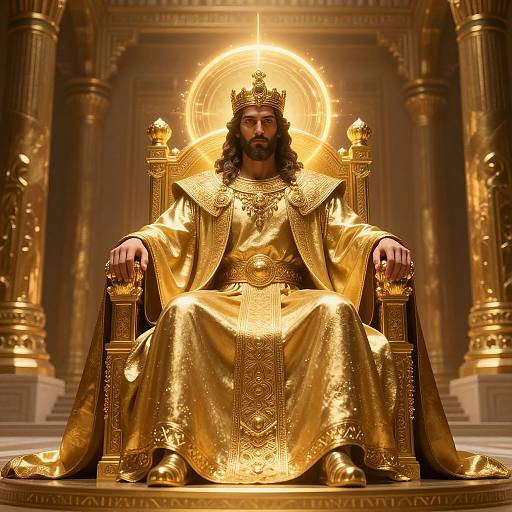Photorealistic digital art of a bearded king with long brown hair, wearing a golden crown and ornate golden robe, seated on a radiant,