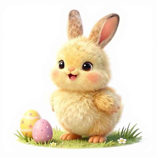 Cute, fluffy bunny with large ears and bright eyes, standing on green grass, holding pink, polka-dotted Easter egg, white background.