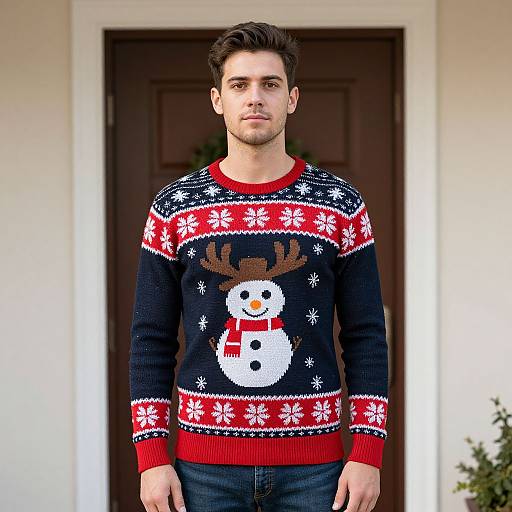 Photograph of a young, fair-skinned man with short brown hair, wearing a black Christmas sweater with reindeer and snowflake patterns, standing in