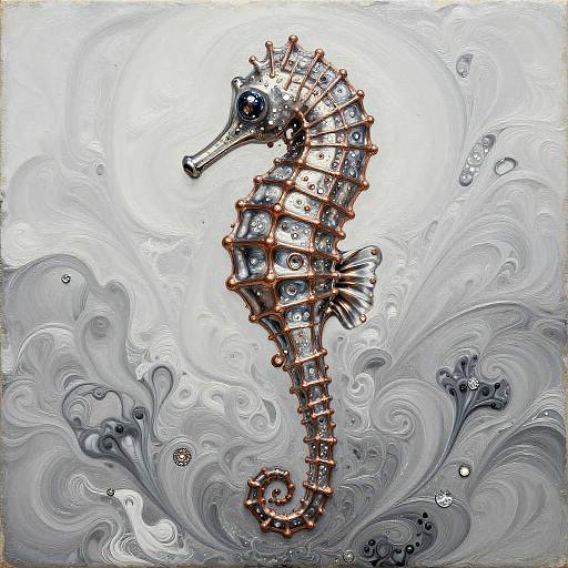 Digital painting of a metallic seahorse with red accents, surrounded by swirling gray and white water patterns, featuring bubbles and abstract textures.