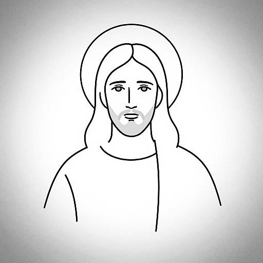 Black-and-white line drawing of a serene, androgynous figure with long hair, circular halo, and simple attire, set against a gradient white