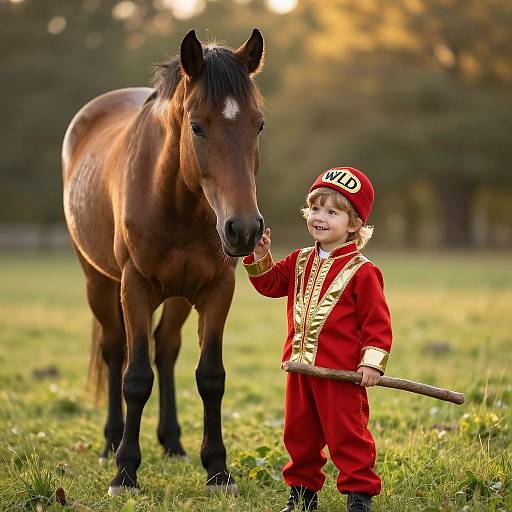 Photograph of a young boy in a red medieval-style outfit, holding a stick, standing beside a brown horse in a grassy field. Sunlight