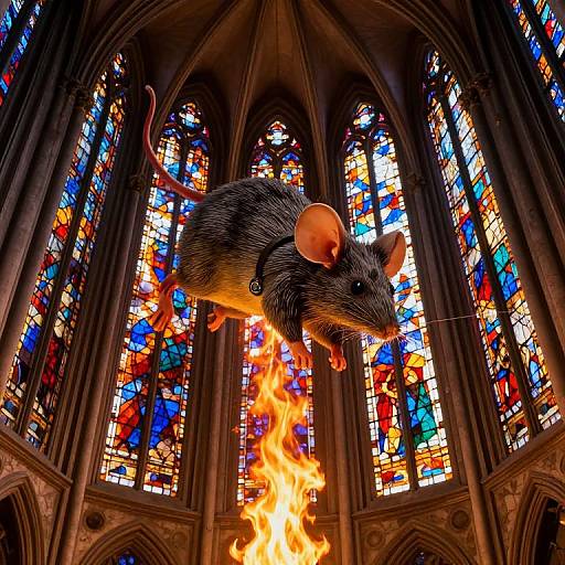 Photograph of a fiery, floating mouse with large ears, set against a vibrant, Gothic-style stained glass cathedral window.