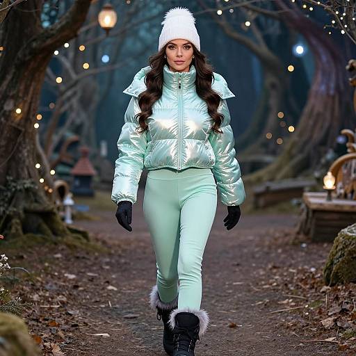 Photograph of a woman in a winter forest, wearing a silver puffer jacket, light blue pants, white fur hat, black gloves, and boots