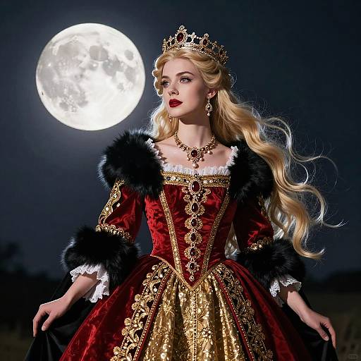 Regal Woman in Red Royal Gown with Full Moon