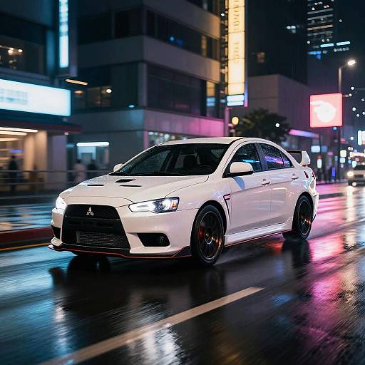 Photograph of a white Ford Mustang driving at night on a wet city street, illuminated by colorful neon lights, with reflections on the road.