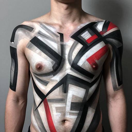 Photograph of a shirtless man with light skin, muscular build, and abstract black, white, and red geometric body paint on chest and arms.