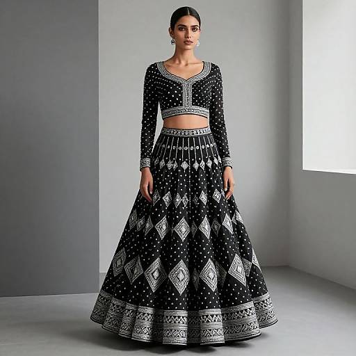 Photograph of a woman with dark hair in a bun, wearing a black, long-sleeved, polka dot crop top and a black,