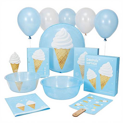 Photograph of blue-themed ice cream balloon and bowl set, including balloons, bowls, a cone-shaped balloon, box, and instruction sheet.