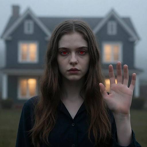 Young Woman with Red Eyes in Front of Dark House