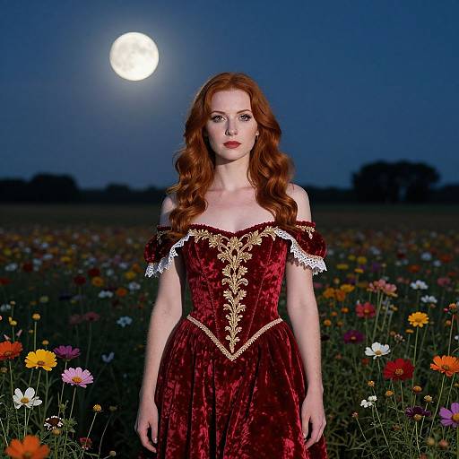 Photograph of a fair-skinned redhead woman with long wavy hair, wearing a red velvet off-shoulder dress with gold embroidery, standing in