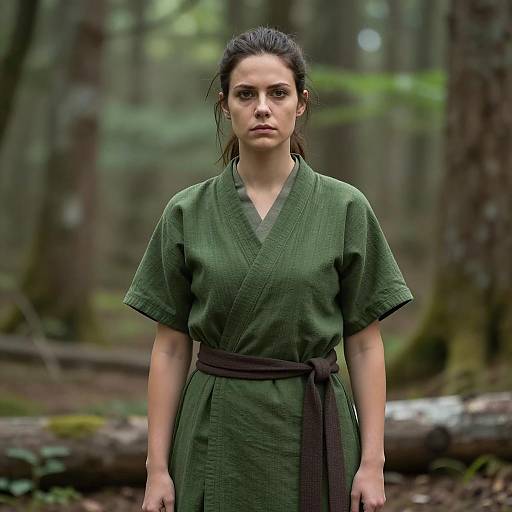 Woman in Green Kimono Dress in Forest