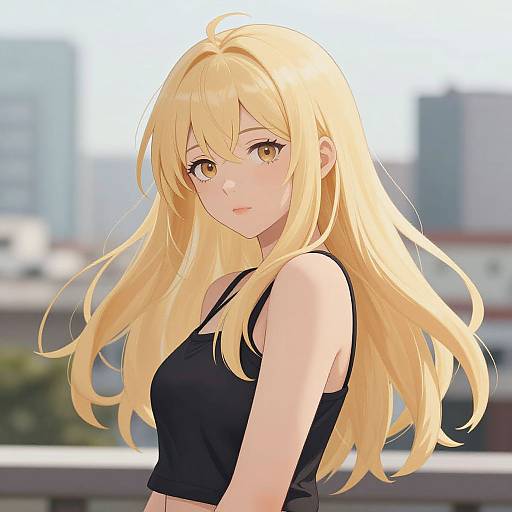 Digital anime-style illustration of a blonde-haired girl with yellow eyes, wearing a black tank top, standing outdoors with a cityscape blurred in the background.