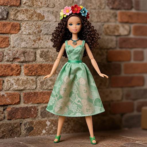 Photograph of a curly-haired doll with a green, patterned dress, flower crown, green shoes, standing against a brick wall.