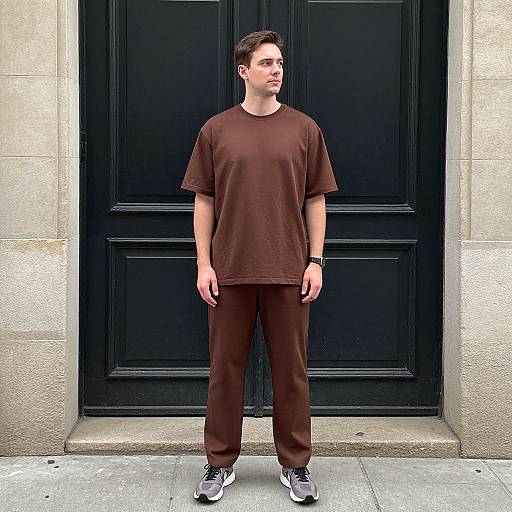 Photograph of a young man with short dark hair, wearing a brown t-shirt, brown pants, black and white sneakers, standing in front of a