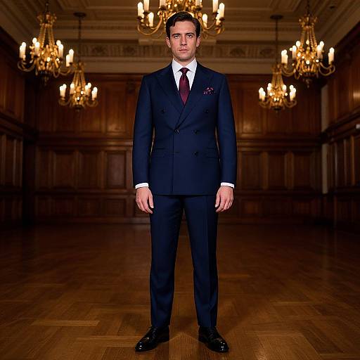 Photograph of a serious, dark-haired man in a black suit with a white shirt and maroon tie, standing in an opulent, wood-pane